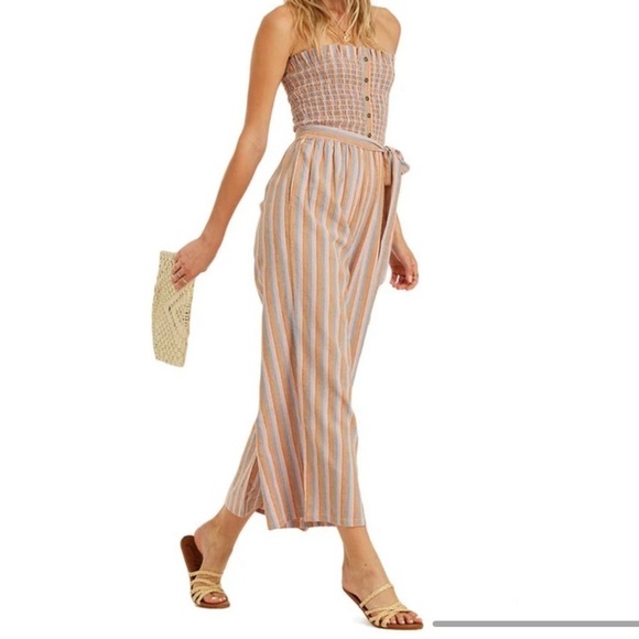 Billabong Multi Color Forward Feelings Smocked Spaghetti Strap Belted Jumpsuit L - Picture 1 of 17